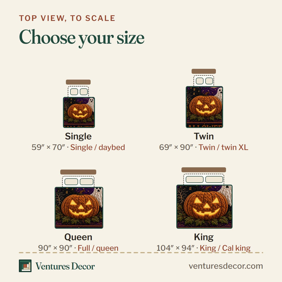 Size guide for the Midnight Pumpkin Glow quilt, top view to scale: Single 59 x 70 in, Twin 69 x 90 in, Queen 90 x 90 in, King 104 x 94 in