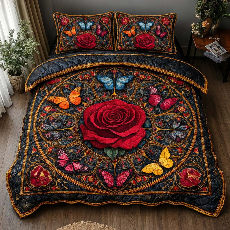 Midnight Rose Butterfly Mandala quilted bedding set, quilt and two pillow shams on a made bed