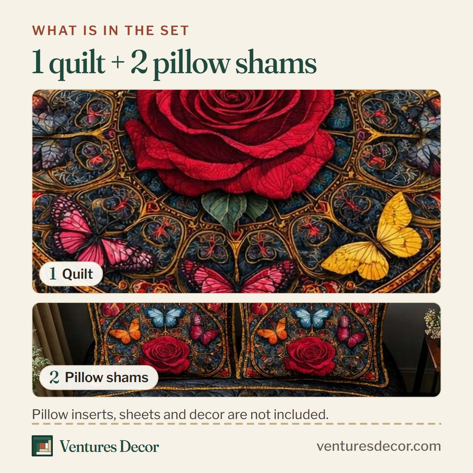 What is in the set: one quilt and two pillow shams, shown in the Midnight Rose Butterfly Mandala design