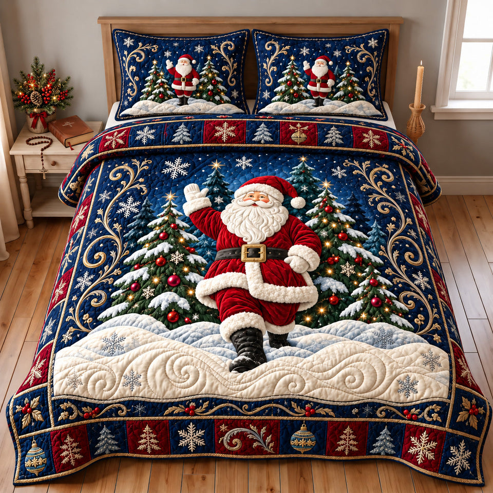 Midnight Santa quilted bedding set, quilt and two pillow shams on a made bed