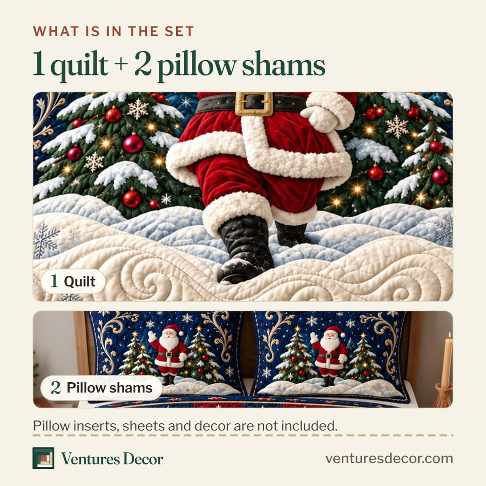 What is in the set: one quilt and two pillow shams, shown in the Christmas Midnight Santa Quilt Set, 3-Piece Quilted Bedding with 2 Pillow Shams design