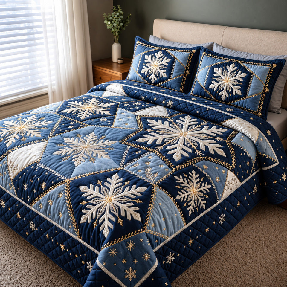 Midnight Snowflake quilted bedding set, quilt and two pillow shams on a made bed