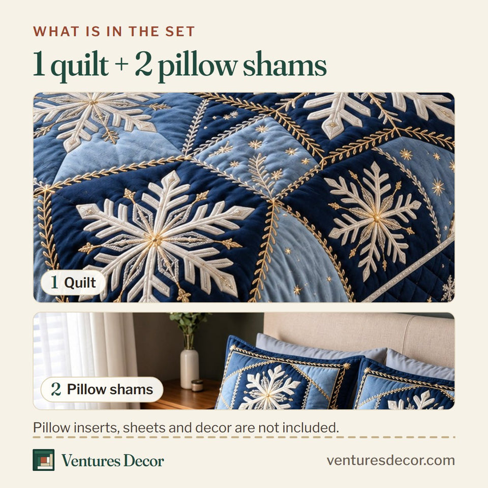What is in the set: one quilt and two pillow shams, shown in the Midnight Snowflake Quilt Set, 3-Piece Quilted Bedding with 2 Pillow Shams design