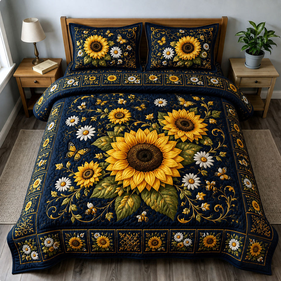 Midnight Sunflower Garden quilted bedding set, quilt and two pillow shams on a made bed