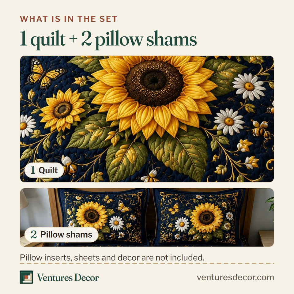 What is in the set: one quilt and two pillow shams, shown in the Midnight Sunflower Garden design