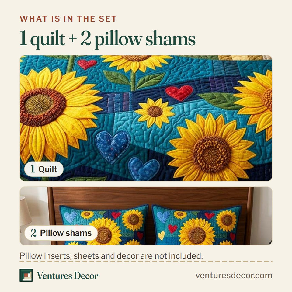 What is in the set: one quilt and two pillow shams, shown in the Midnight Sunflower Heart Sky design