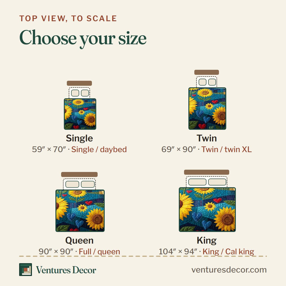 Size guide for the Midnight Sunflower Heart Sky quilt, top view to scale: Single 59 x 70 in, Twin 69 x 90 in, Queen 90 x 90 in, King 104 x 94 in