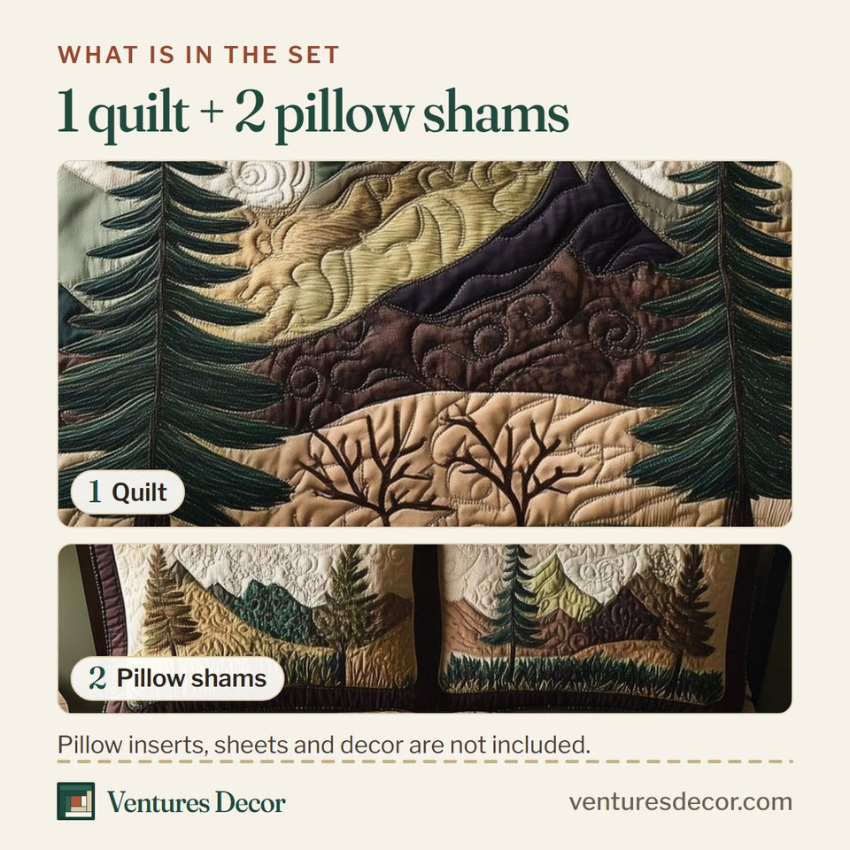 What is in the set: one quilt and two pillow shams, shown in the Misty Pine Forest Cream Panel Ridge design