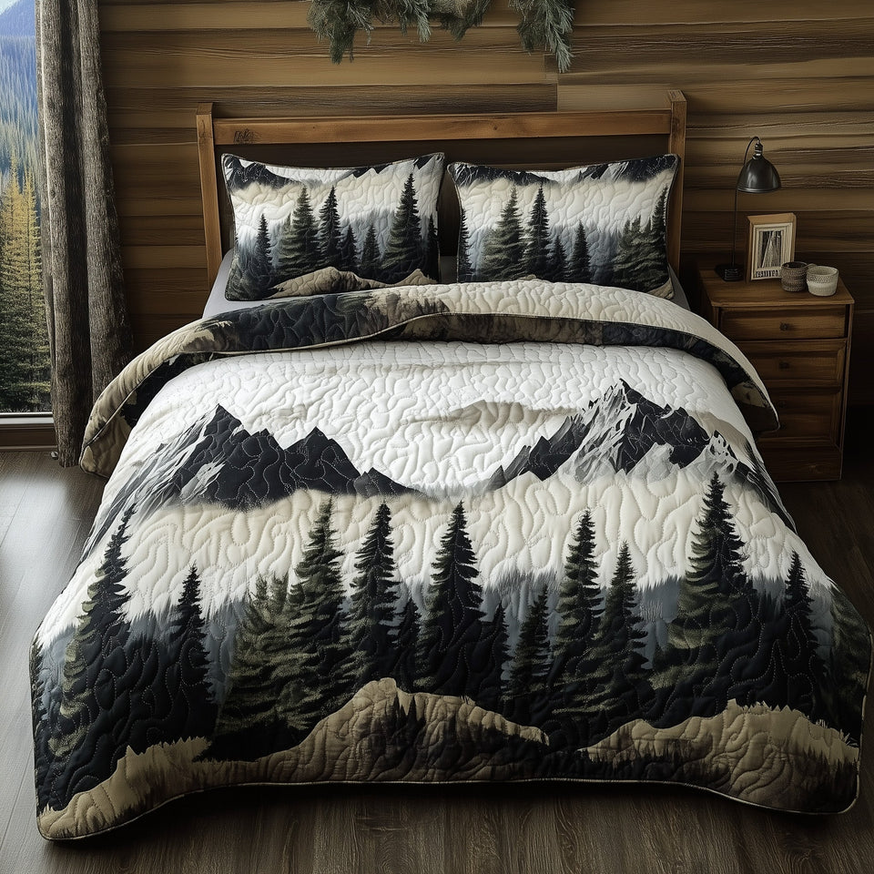 Misty Pine Monochrome quilted bedding set, quilt and two pillow shams on a made bed