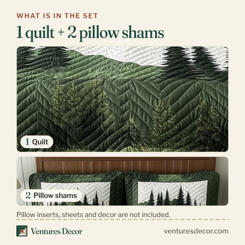 What is in the set: one quilt and two pillow shams, shown in the Misty Pine Ridges design