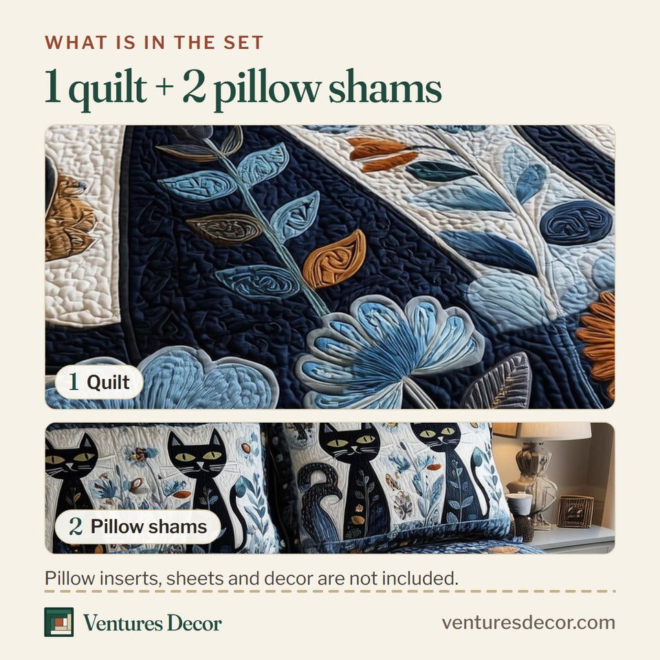 What is in the set: one quilt and two pillow shams, shown in the Mod Cats Blue Blossoms design