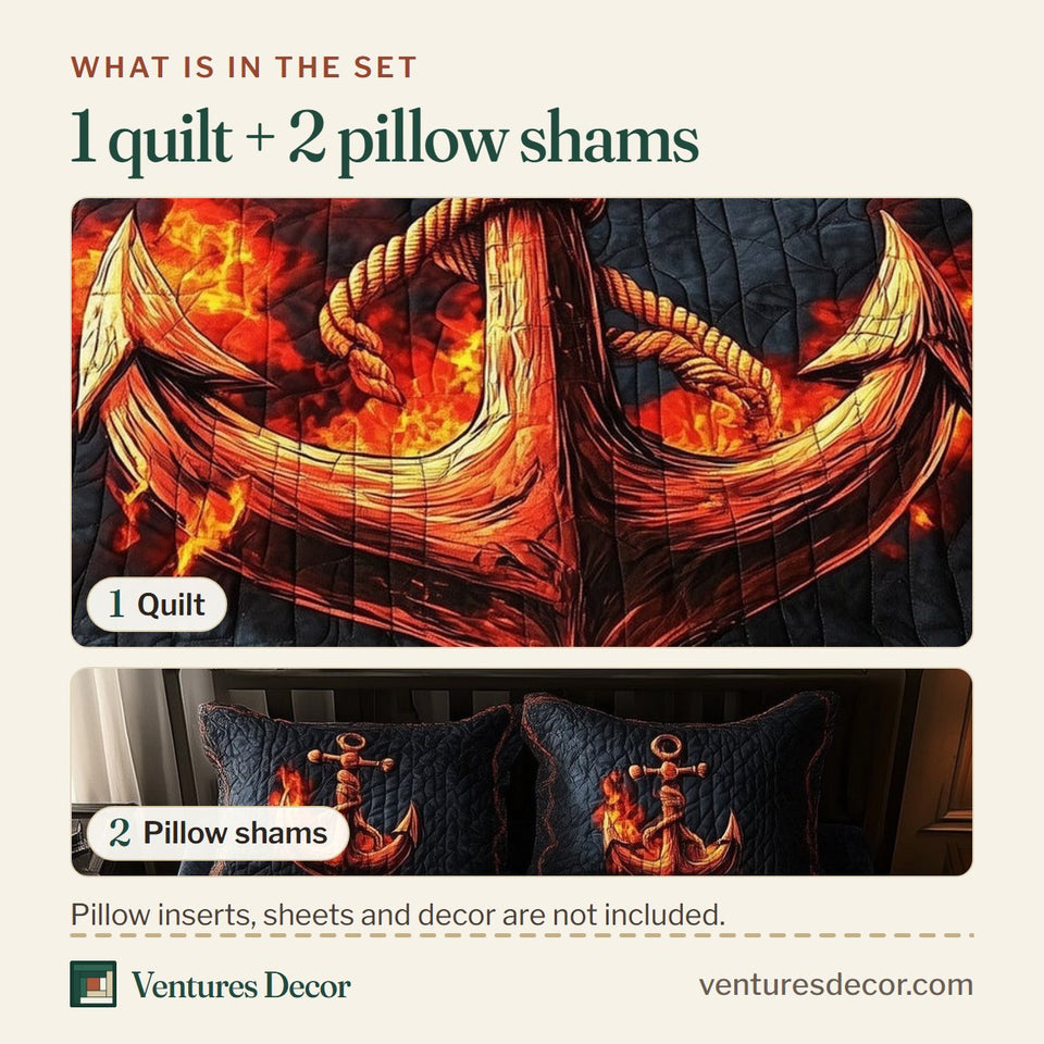 What is in the set: one quilt and two pillow shams, shown in the Molten Flame Anchor design
