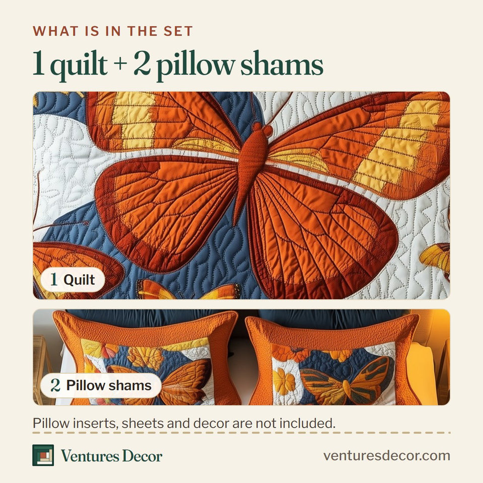 What is in the set: one quilt and two pillow shams, shown in the Monarch Flutter Sky Patch design