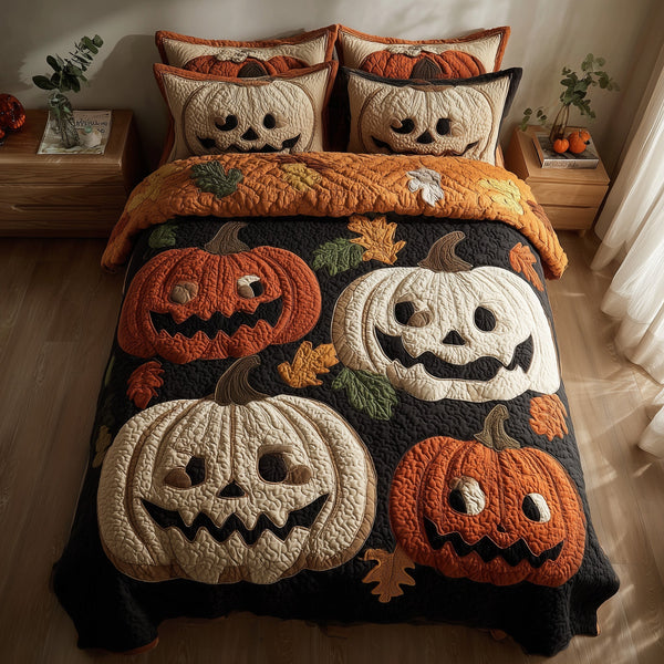 Monochrome Lantern Mischief quilted bedding set, quilt and two pillow shams on a made bed