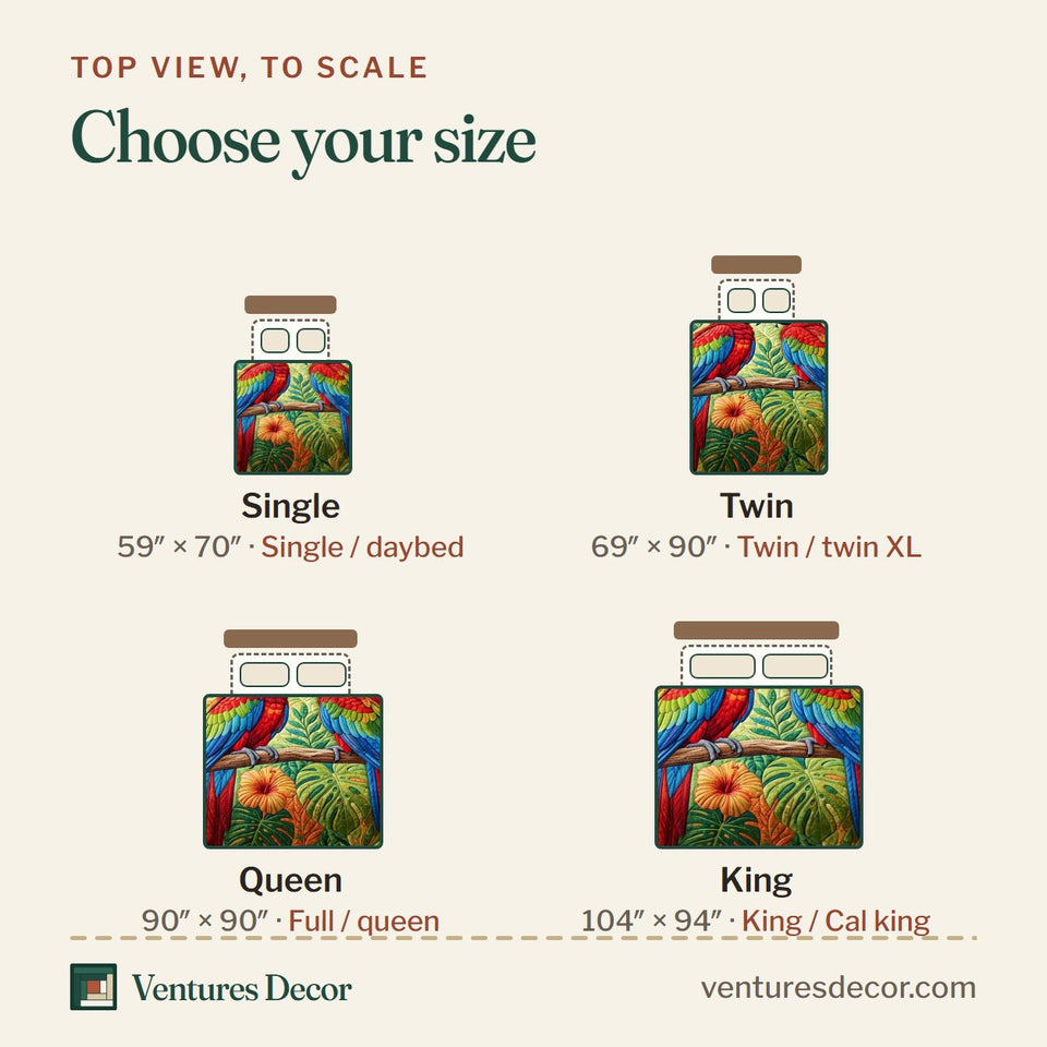 Size guide for the Monstera Parrot quilt, top view to scale: Single 59 x 70 in, Twin 69 x 90 in, Queen 90 x 90 in, King 104 x 94 in