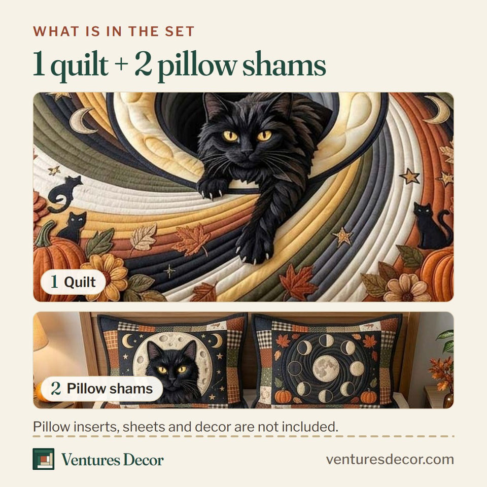 What is in the set: one quilt and two pillow shams, shown in the Moon Cat Spiral design