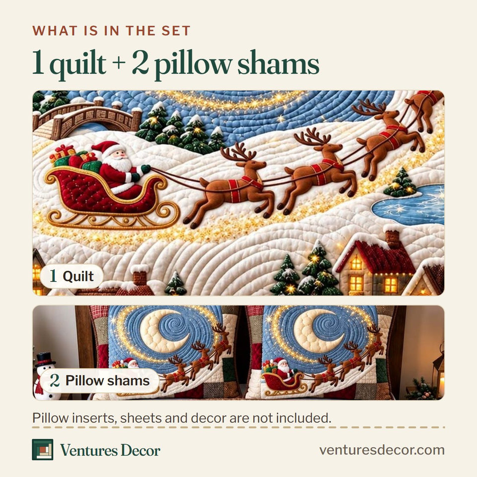 What is in the set: one quilt and two pillow shams, shown in the Moon Spiral Sleigh design