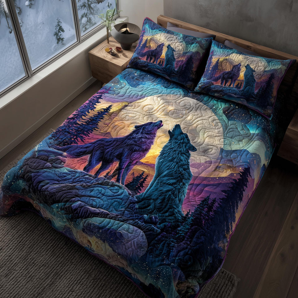 Moonbound Mates Howling Beneath the Aurora quilted bedding set, quilt and two pillow shams on a made bed