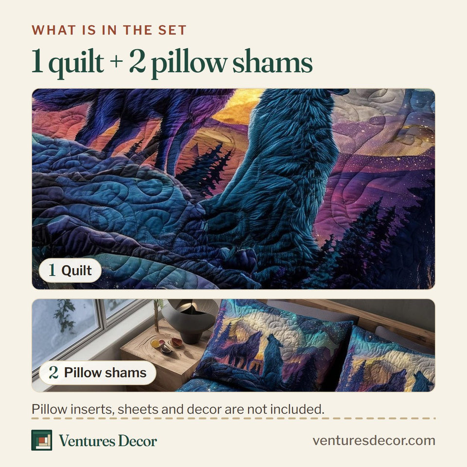 What is in the set: one quilt and two pillow shams, shown in the Moonbound Mates Howling Beneath the Aurora design