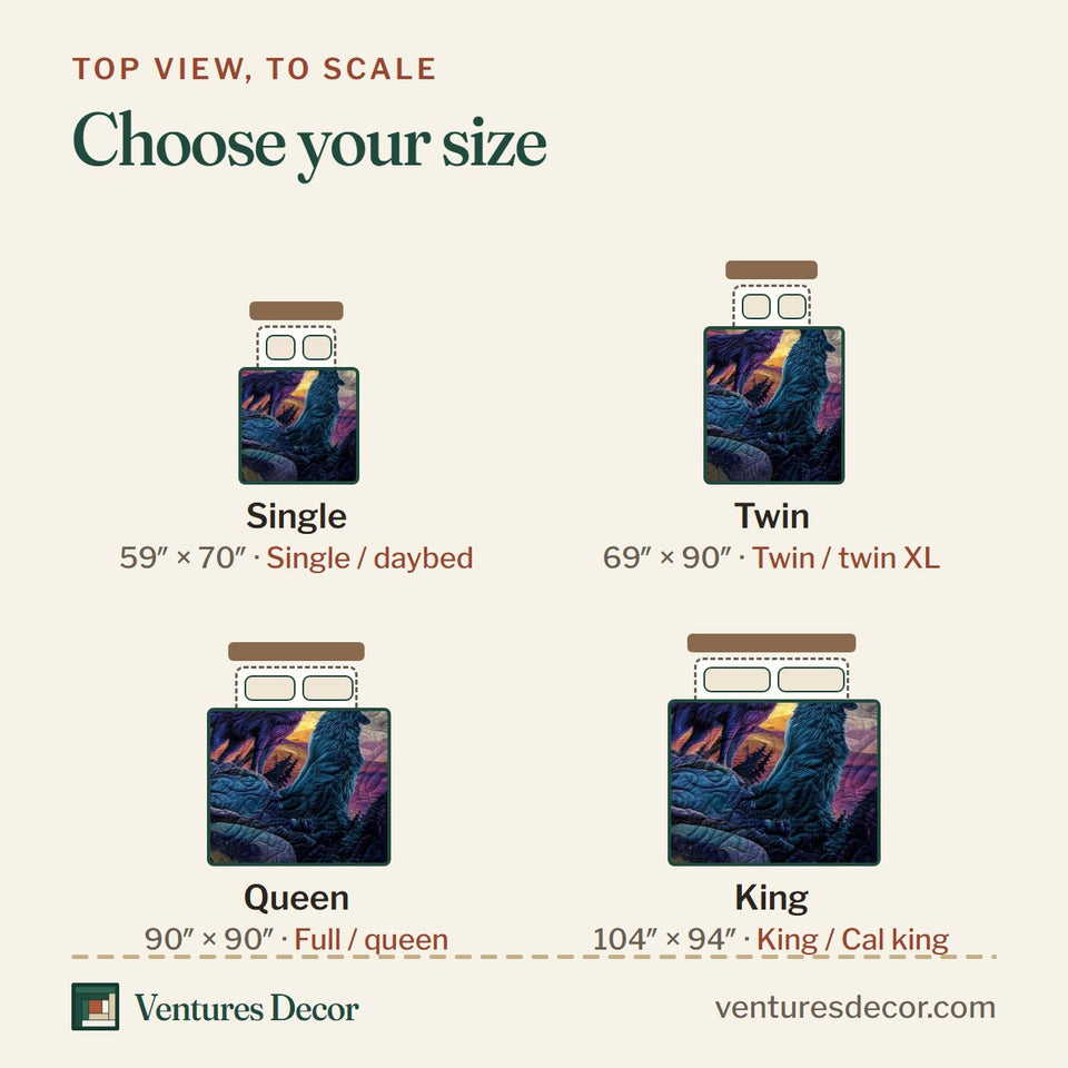 Size guide for the Moonbound Mates Howling Beneath the Aurora quilt, top view to scale: Single 59 x 70 in, Twin 69 x 90 in, Queen 90 x 90 in, King 104 x 94 in