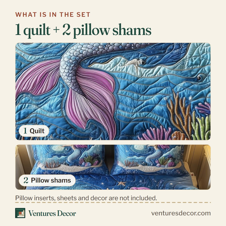 What is in the set: one quilt and two pillow shams, shown in the Moonlight Mermaid Reach design