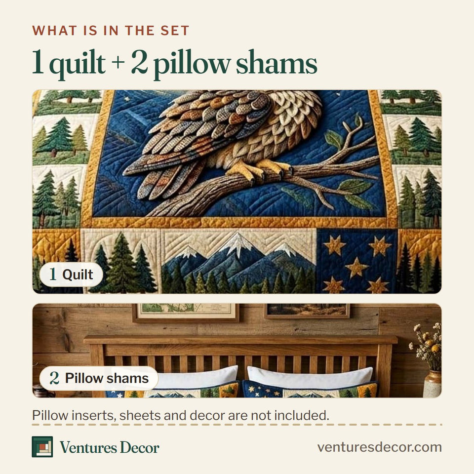 What is in the set: one quilt and two pillow shams, shown in the Moonlight Owl design
