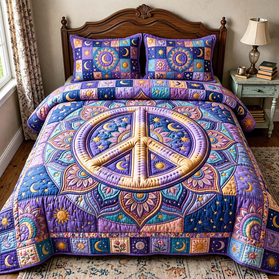 Moonlight Peace quilted bedding set, quilt and two pillow shams on a made bed