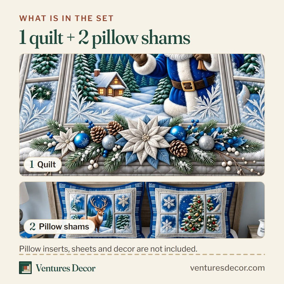 What is in the set: one quilt and two pillow shams, shown in the Christmas Moonlight Santa Quilt Set, 3-Piece Quilted Bedding with 2 Pillow Shams design