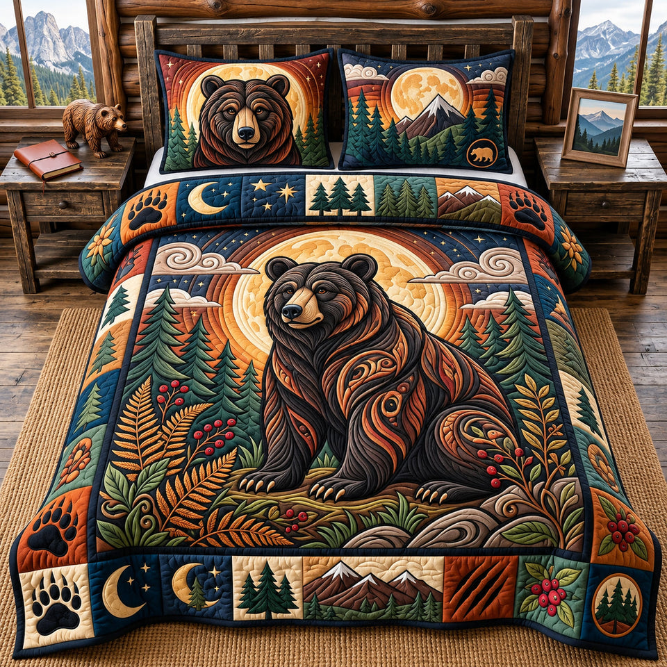 Moonlit Bear Animals quilted bedding set, quilt and two pillow shams on a made bed