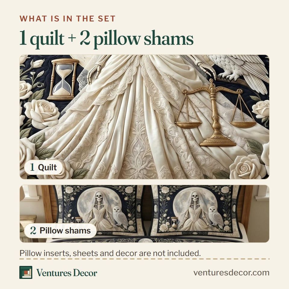 What is in the set: one quilt and two pillow shams, shown in the Moonlit Bride Reaper design