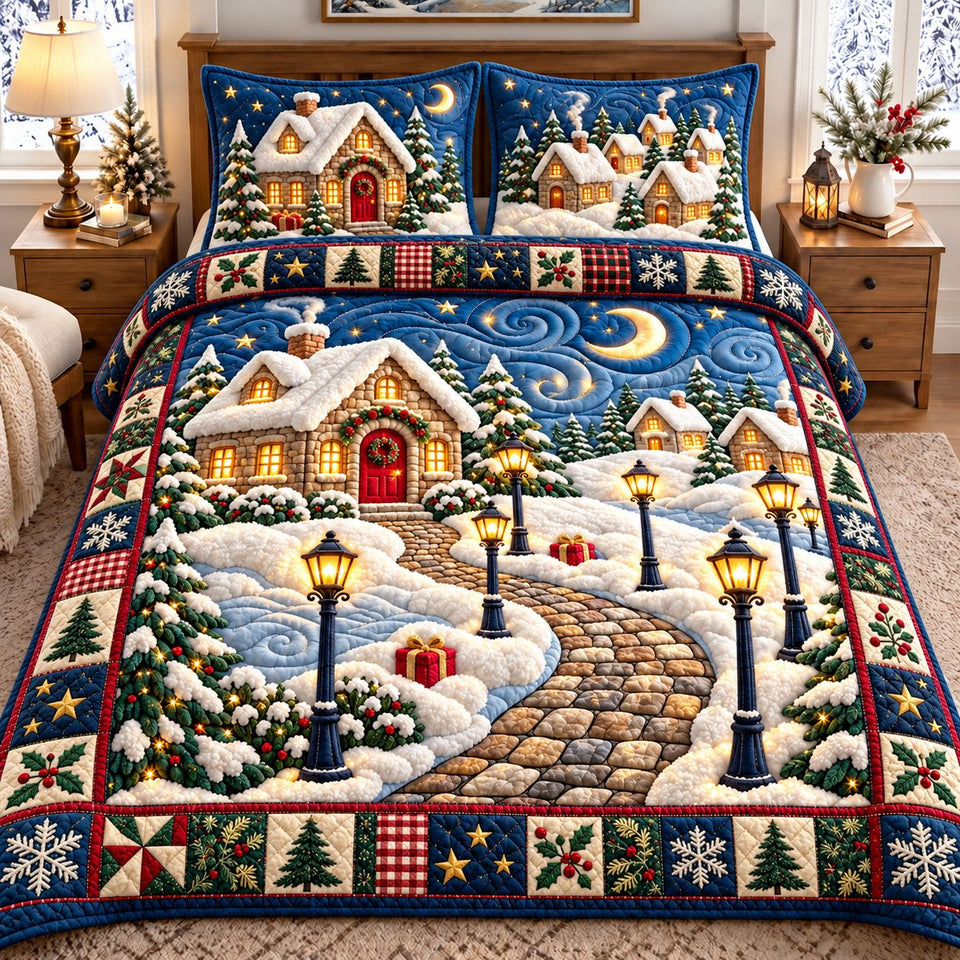 Moonlit Christmas Cottage quilted bedding set, quilt and two pillow shams on a made bed