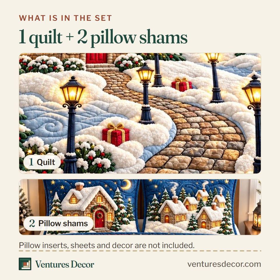 What is in the set: one quilt and two pillow shams, shown in the Moonlit Christmas Cottage Quilt Set, 3-Piece Quilted Bedding with 2 Pillow Shams design