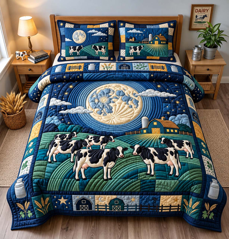 Moonlit Dairy Pasture quilted bedding set, quilt and two pillow shams on a made bed