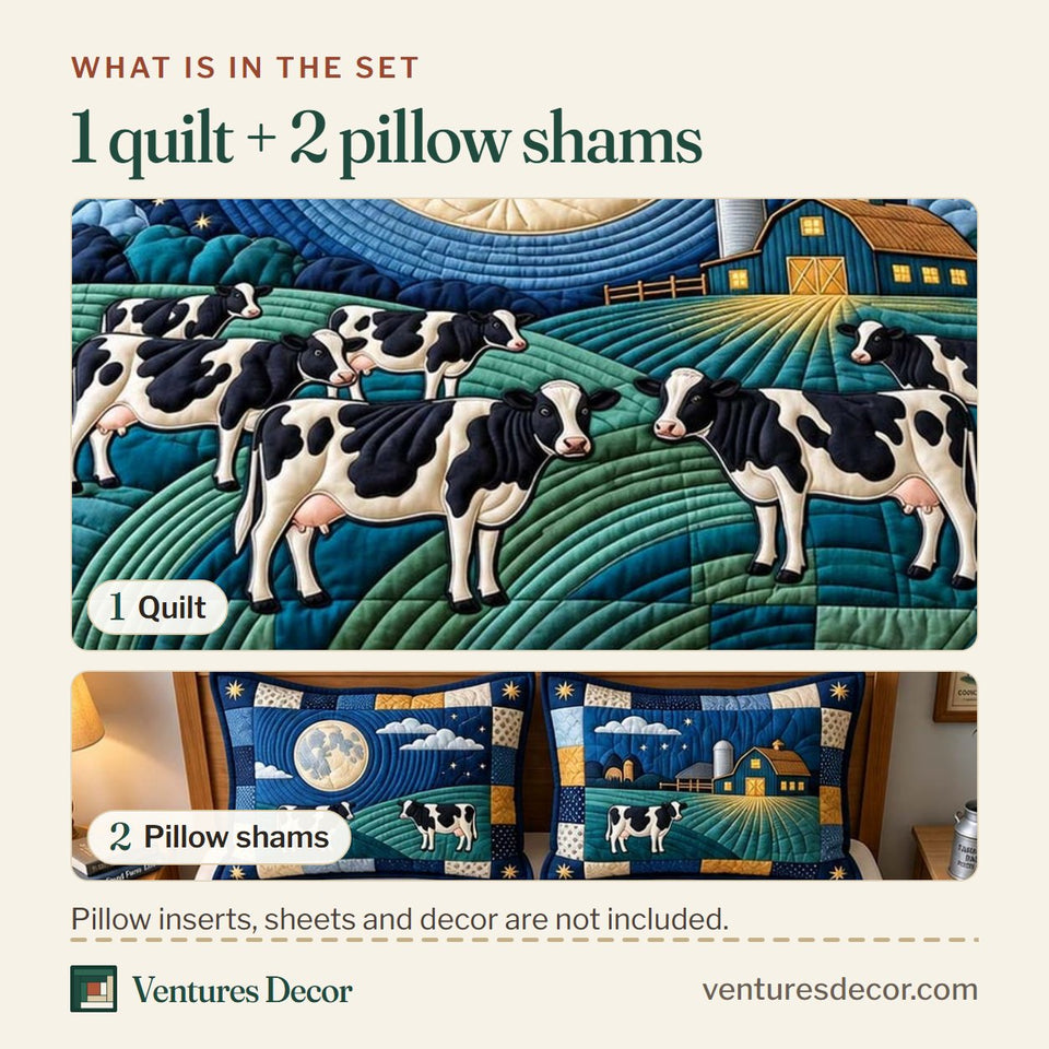 What is in the set: one quilt and two pillow shams, shown in the Moonlit Dairy Pasture Quilt Set, 3-Piece Quilted Bedding with 2 Pillow Shams design
