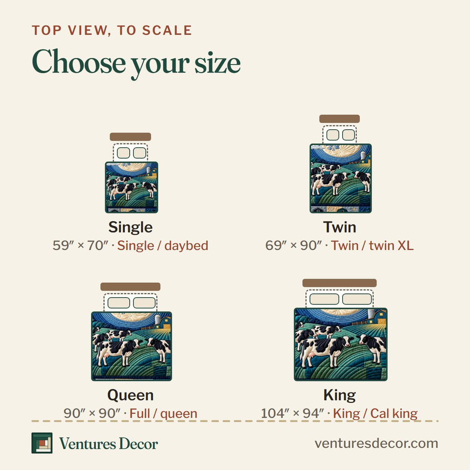 Size guide for the Moonlit Dairy Pasture Quilt Set, 3-Piece Quilted Bedding with 2 Pillow Shams quilt, top view to scale: Single 59 x 70 in, Twin 69 x 90 in, Queen 90 x 90 in, King 104 x 94 in