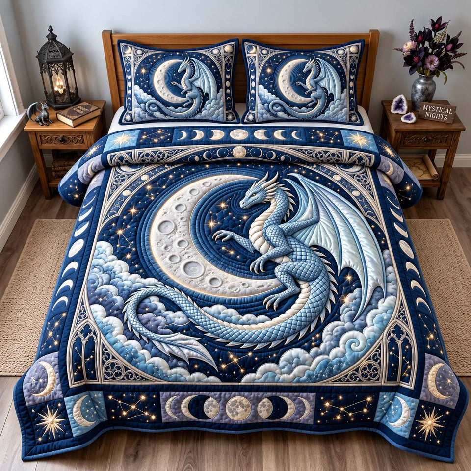 Moonlit Dragon quilted bedding set, quilt and two pillow shams on a made bed
