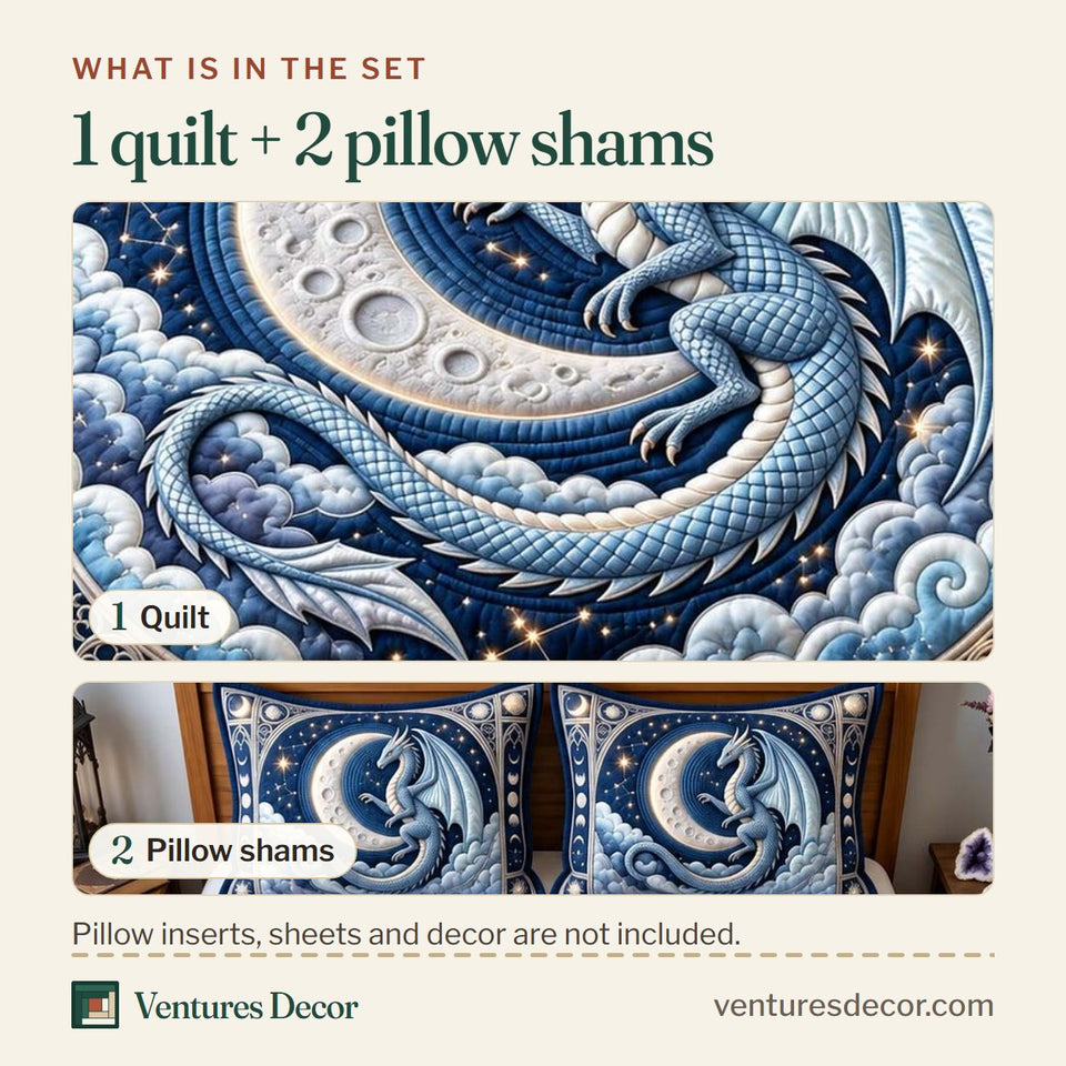 What is in the set: one quilt and two pillow shams, shown in the Moonlit Dragon Quilt Set, 3-Piece Quilted Bedding with 2 Pillow Shams design