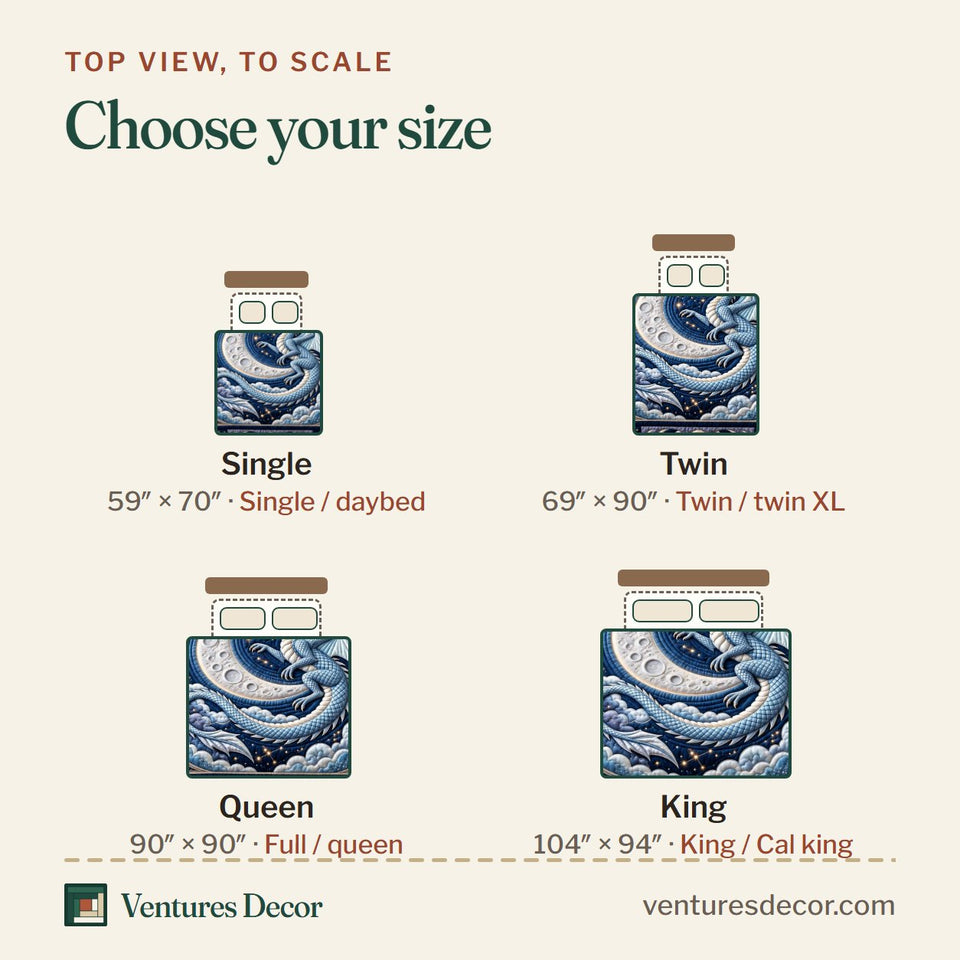 Size guide for the Moonlit Dragon Quilt Set, 3-Piece Quilted Bedding with 2 Pillow Shams quilt, top view to scale: Single 59 x 70 in, Twin 69 x 90 in, Queen 90 x 90 in, King 104 x 94 in