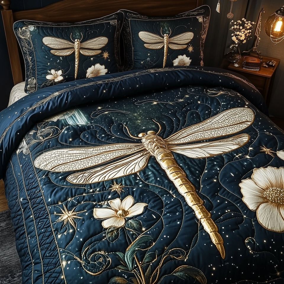 Moonlit Dragonfly Single Blossom in Teal quilted bedding set, quilt and two pillow shams on a made bed