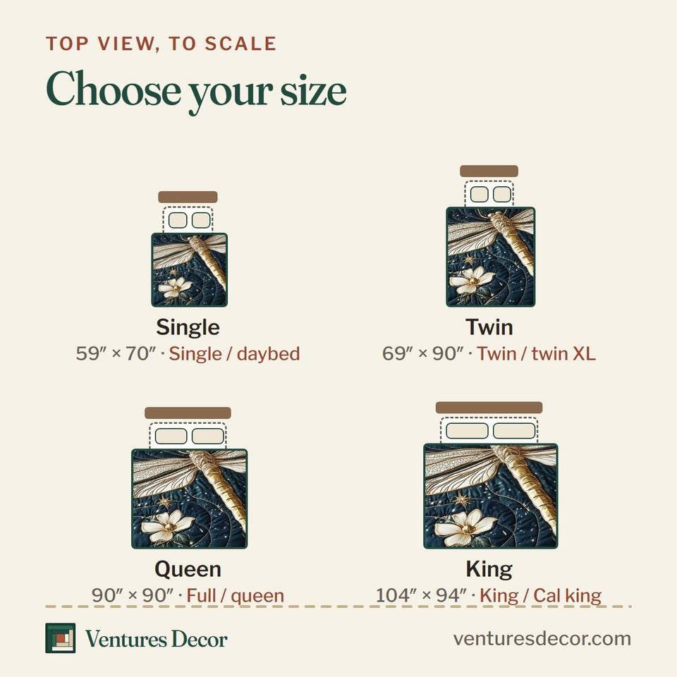 Size guide for the Moonlit Dragonfly Single Blossom in Teal quilt, top view to scale: Single 59 x 70 in, Twin 69 x 90 in, Queen 90 x 90 in, King 104 x 94 in