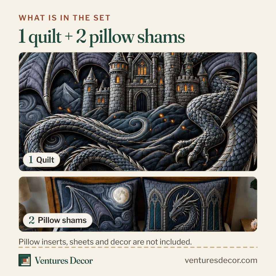 What is in the set: one quilt and two pillow shams, shown in the Moonlit Fortress design