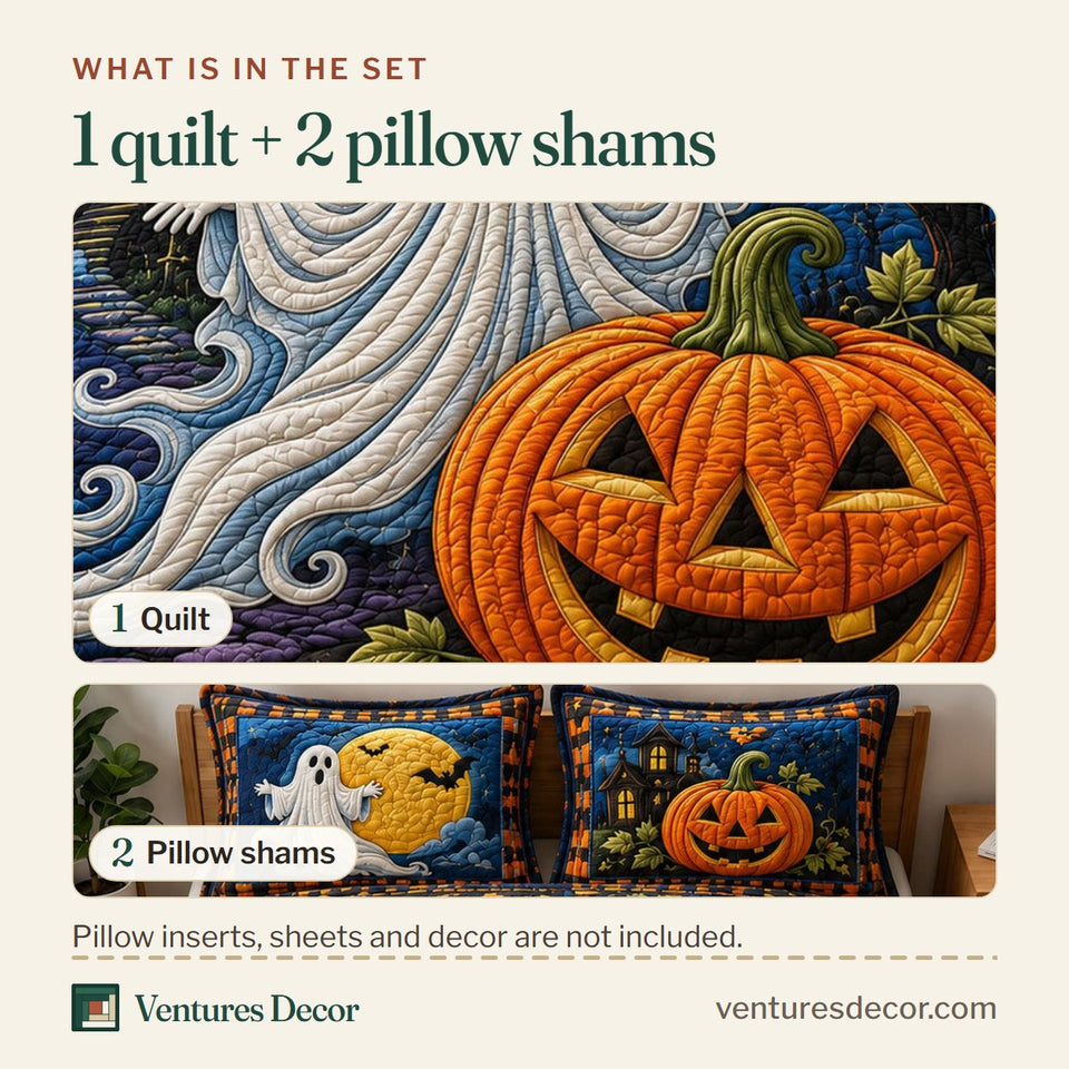 What is in the set: one quilt and two pillow shams, shown in the Moonlit Ghost Pumpkin Patch design