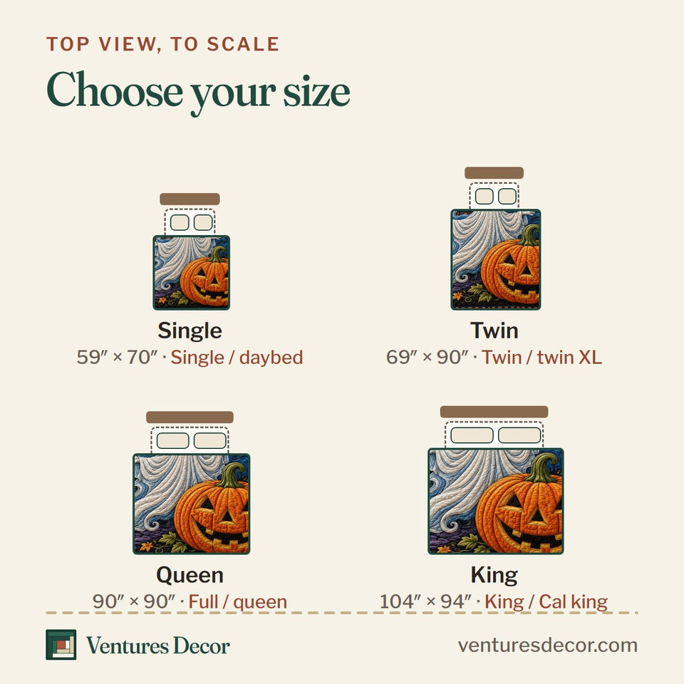Size guide for the Moonlit Ghost Pumpkin Patch quilt, top view to scale: Single 59 x 70 in, Twin 69 x 90 in, Queen 90 x 90 in, King 104 x 94 in
