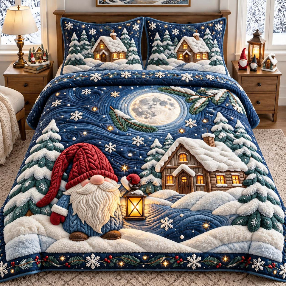 Moonlit Gnome Cottage quilted bedding set, quilt and two pillow shams on a made bed