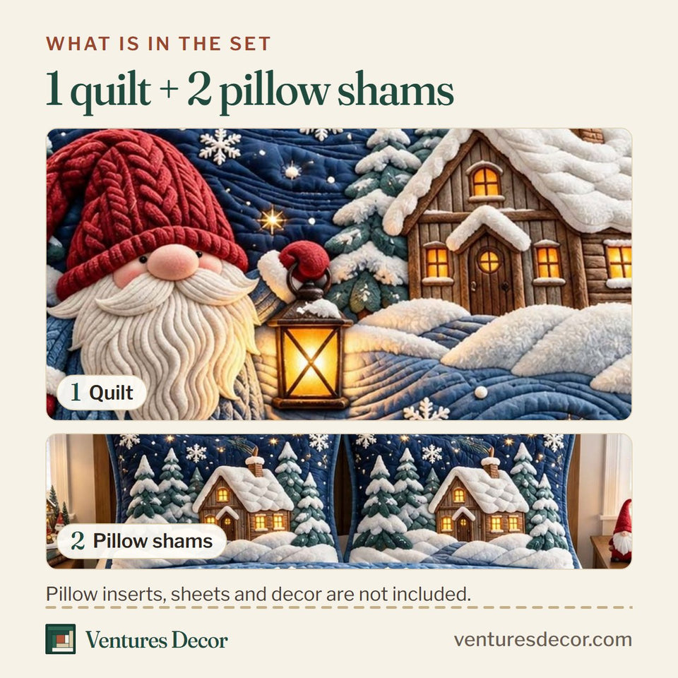 What is in the set: one quilt and two pillow shams, shown in the Moonlit Gnome Cottage Quilt Set, 3-Piece Quilted Bedding with 2 Pillow Shams design