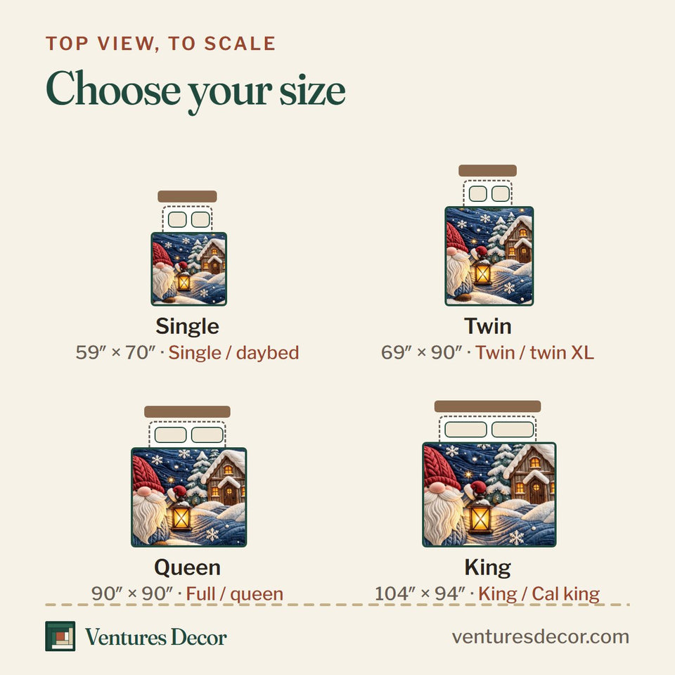 Size guide for the Moonlit Gnome Cottage Quilt Set, 3-Piece Quilted Bedding with 2 Pillow Shams quilt, top view to scale: Single 59 x 70 in, Twin 69 x 90 in, Queen 90 x 90 in, King 104 x 94 in