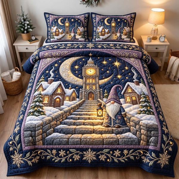 Moonlit Gnome Village quilted bedding set, quilt and two pillow shams on a made bed