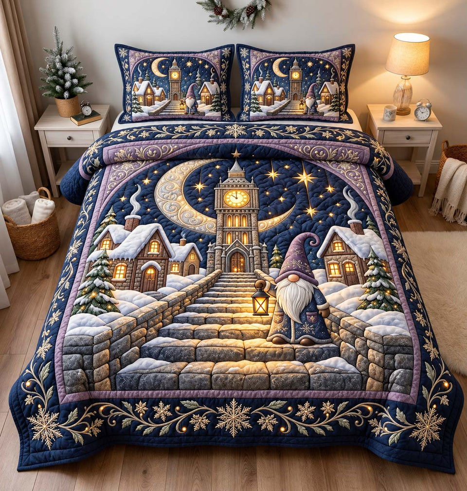 Moonlit Gnome Village quilted bedding set, quilt and two pillow shams on a made bed