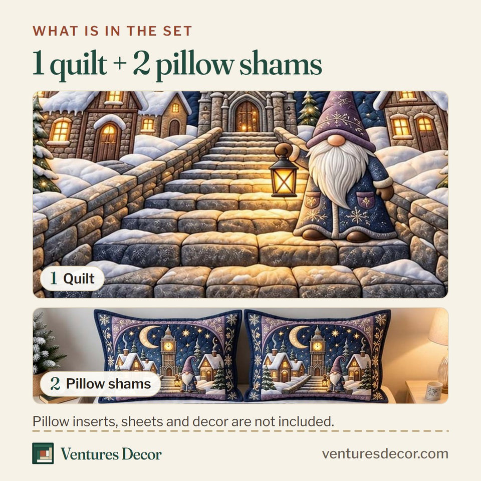 What is in the set: one quilt and two pillow shams, shown in the Moonlit Gnome Village Quilt Set, 3-Piece Quilted Bedding with 2 Pillow Shams design