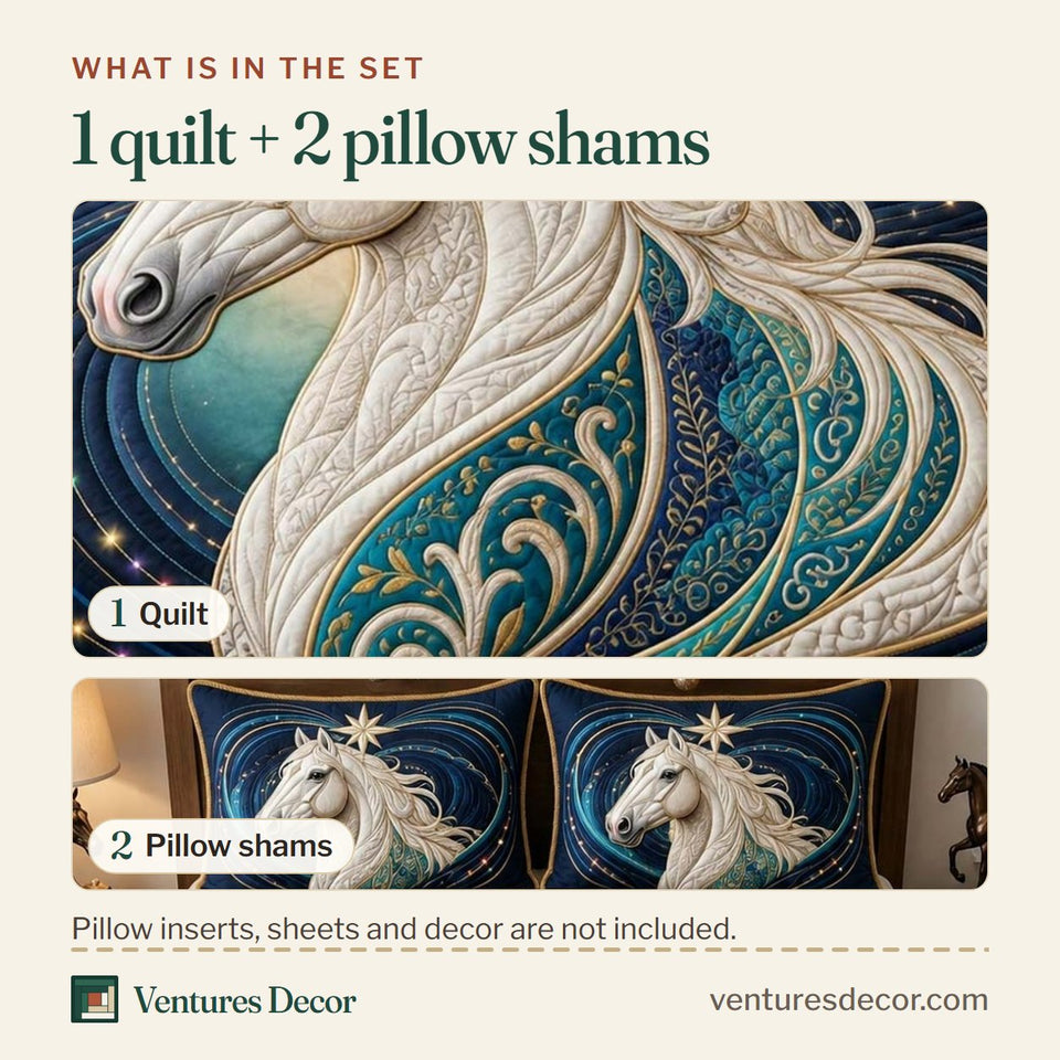 What is in the set: one quilt and two pillow shams, shown in the Moonlit Horses design